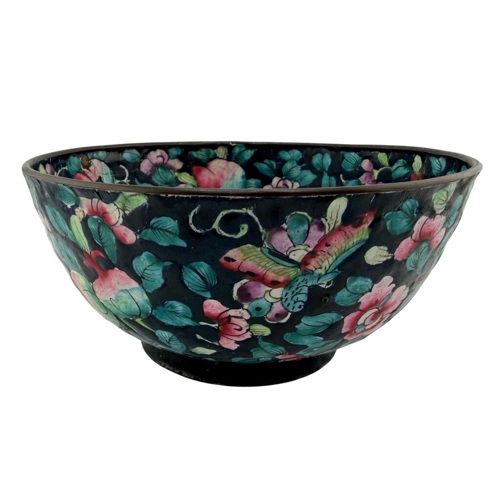 Chinese Famille Noire Style Hand-Painted Enameled Metal Bowl Floral Butterflies